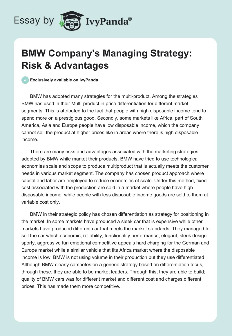 BMW Company's Managing Strategy: Risk & Advantages. Page 1