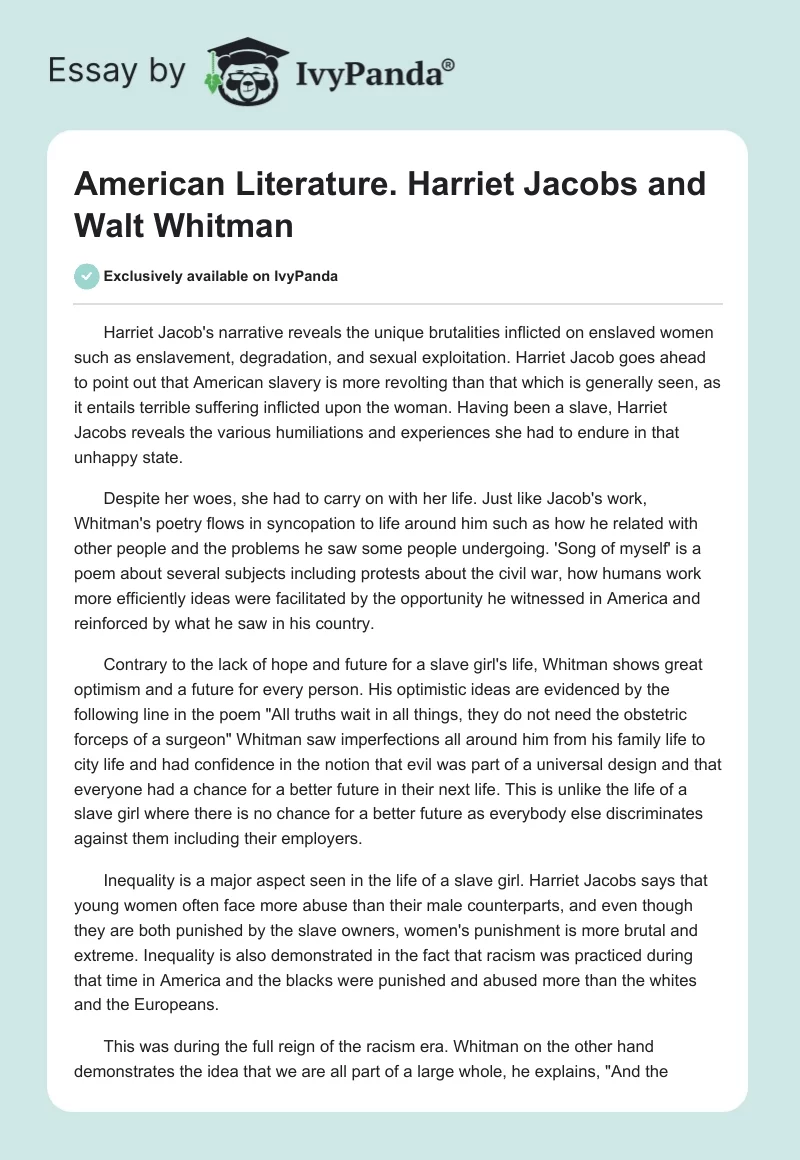 American Literature. Harriet Jacobs and Walt Whitman. Page 1