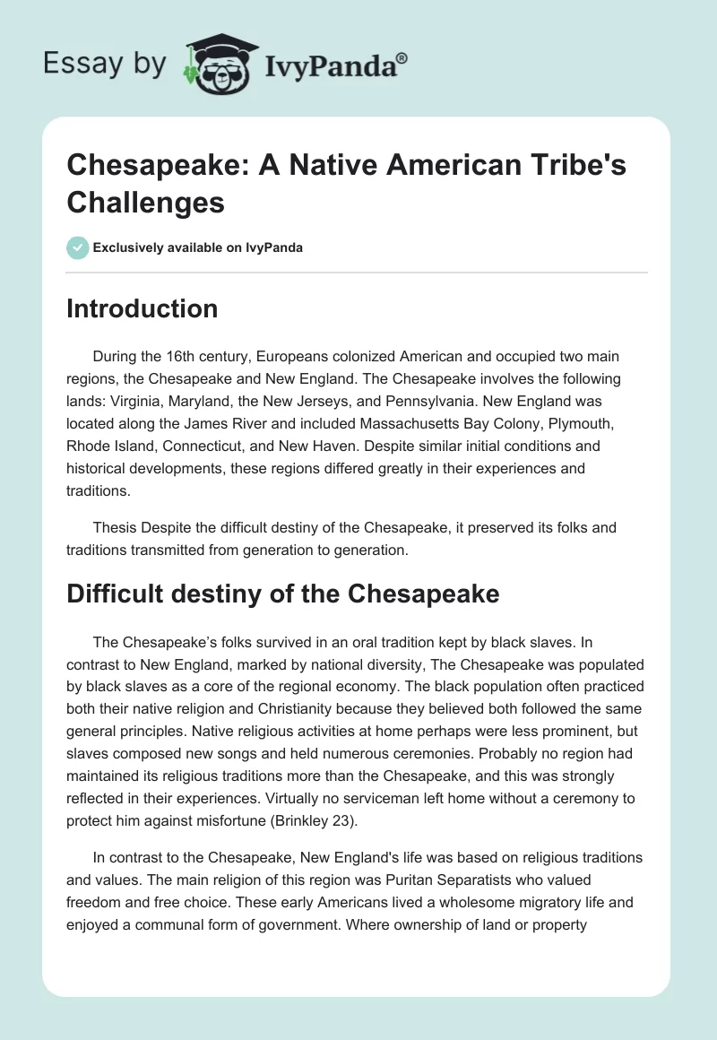 Chesapeake: A Native American Tribe's Challenges. Page 1
