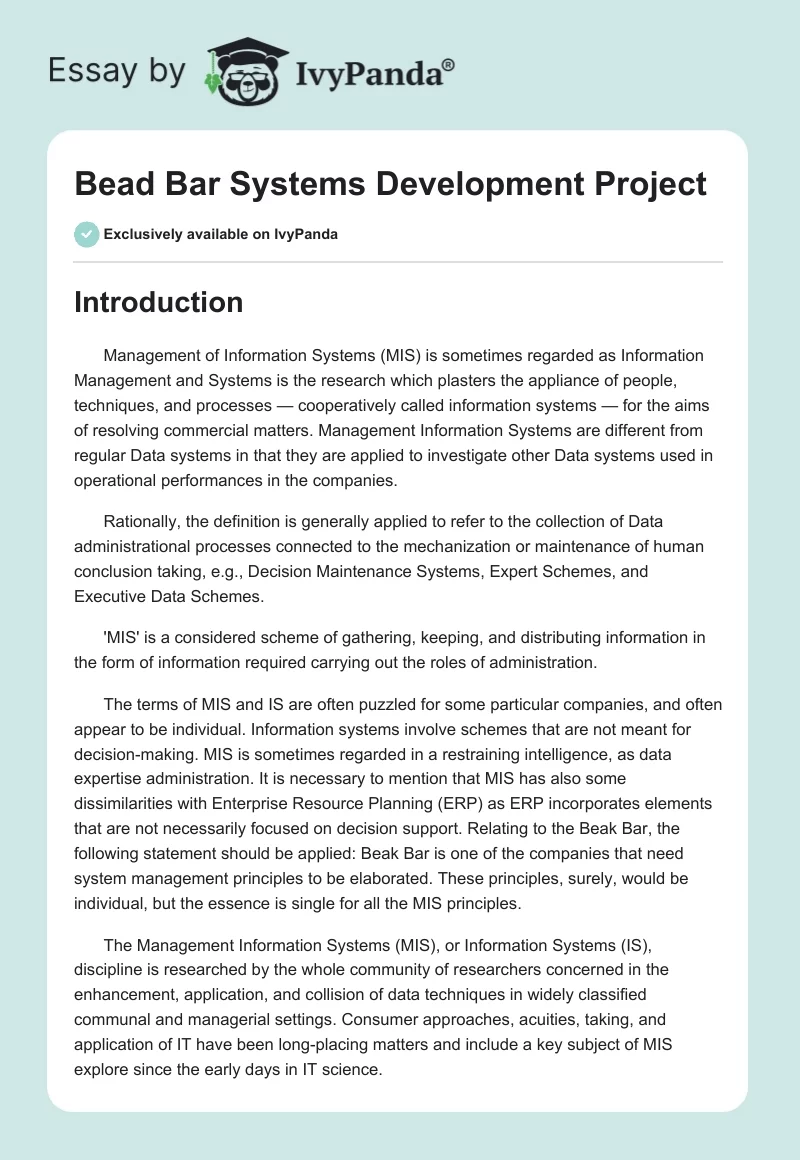 Bead Bar Systems Development Project. Page 1