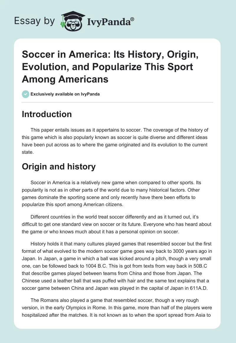Soccer in America: Its History, Origin, Evolution, and Popularize This Sport Among Americans. Page 1