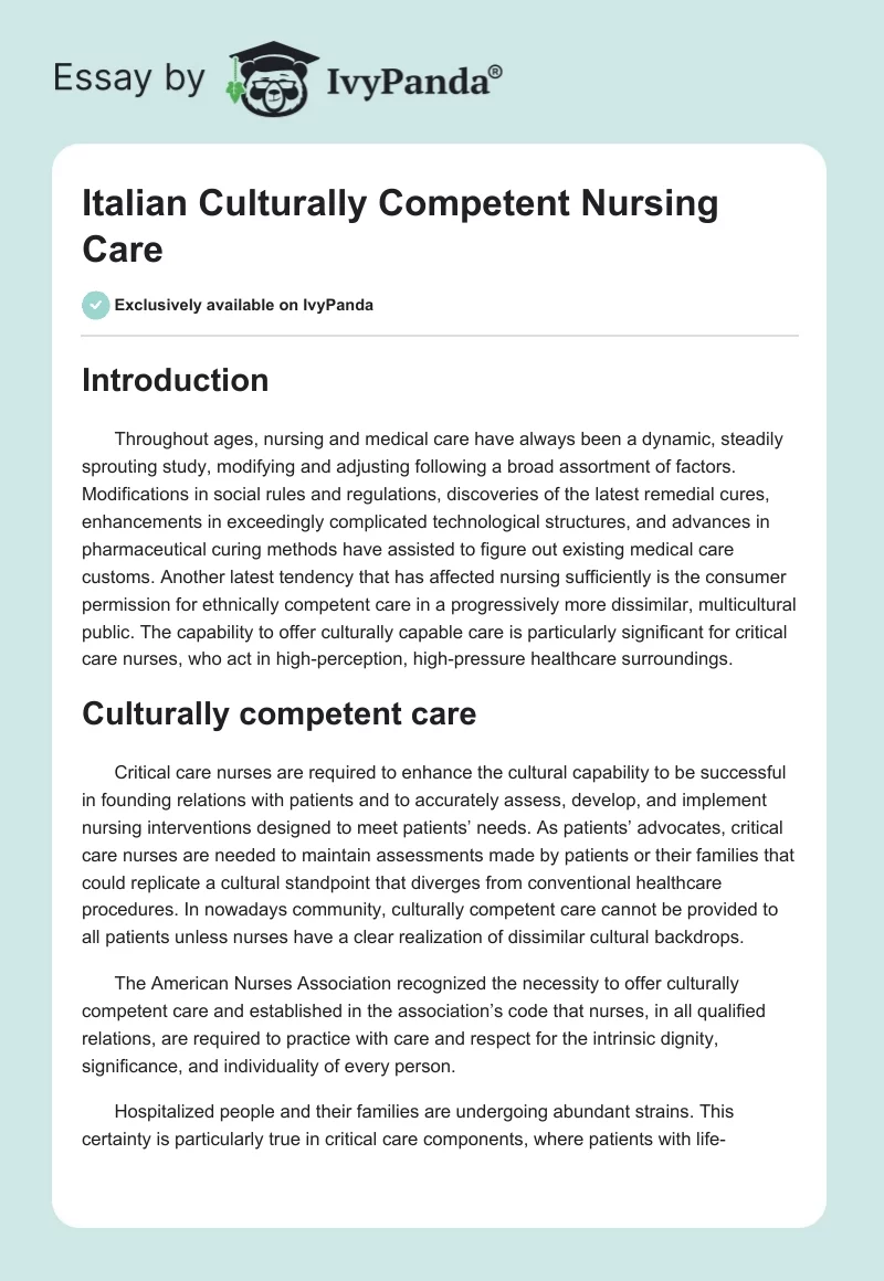 Italian Culturally Competent Nursing Care. Page 1