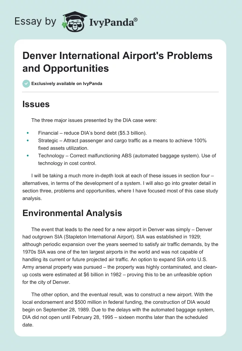 Denver International Airport's Problems and Opportunities. Page 1