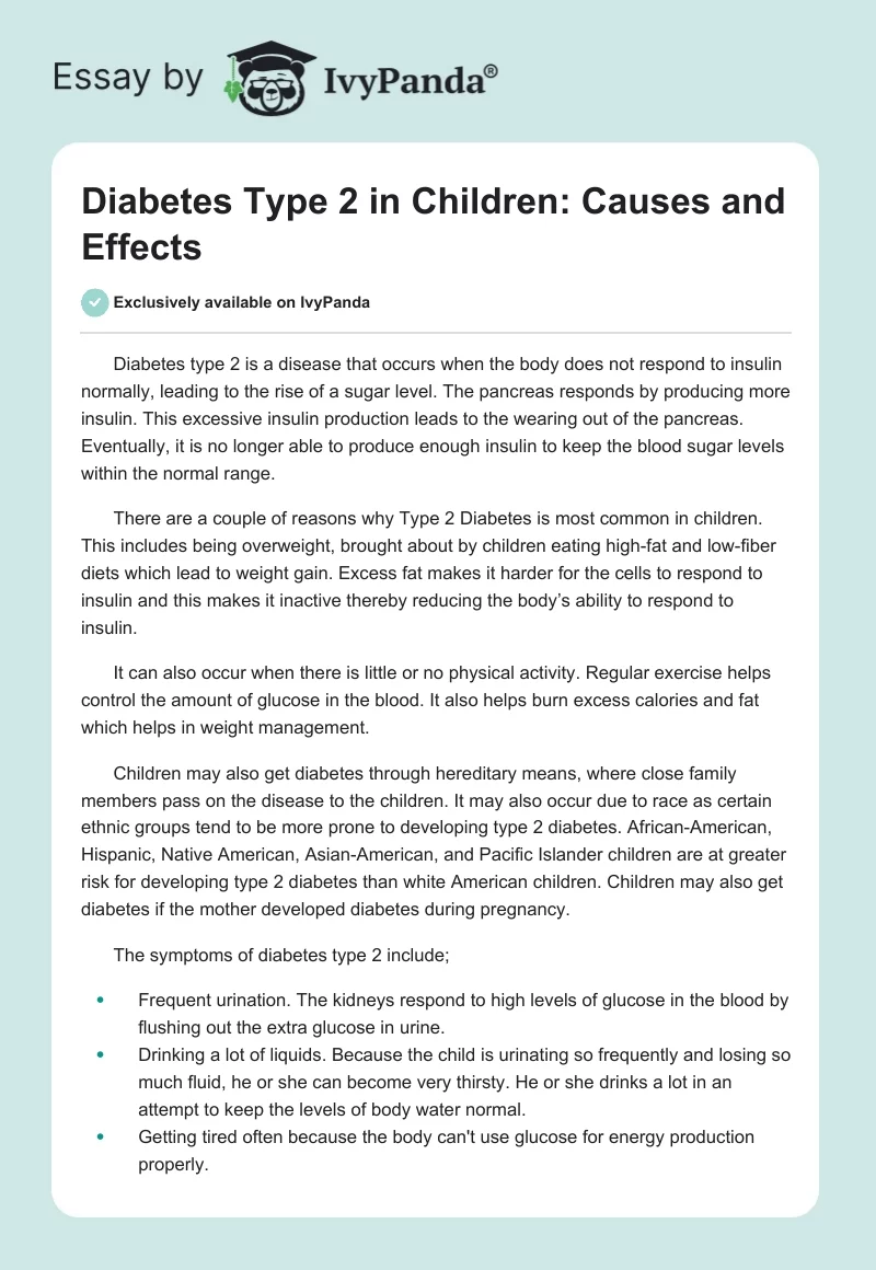 Diabetes Type 2 in Children: Causes and Effects. Page 1