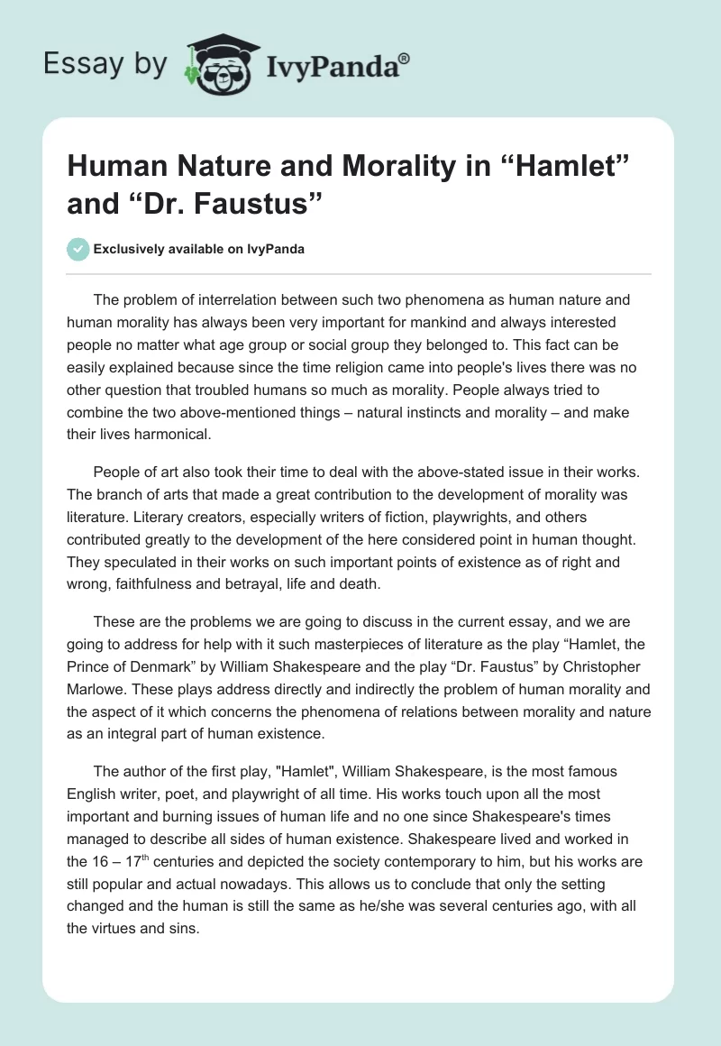 Human Nature and Morality in “Hamlet” and “Dr. Faustus”. Page 1