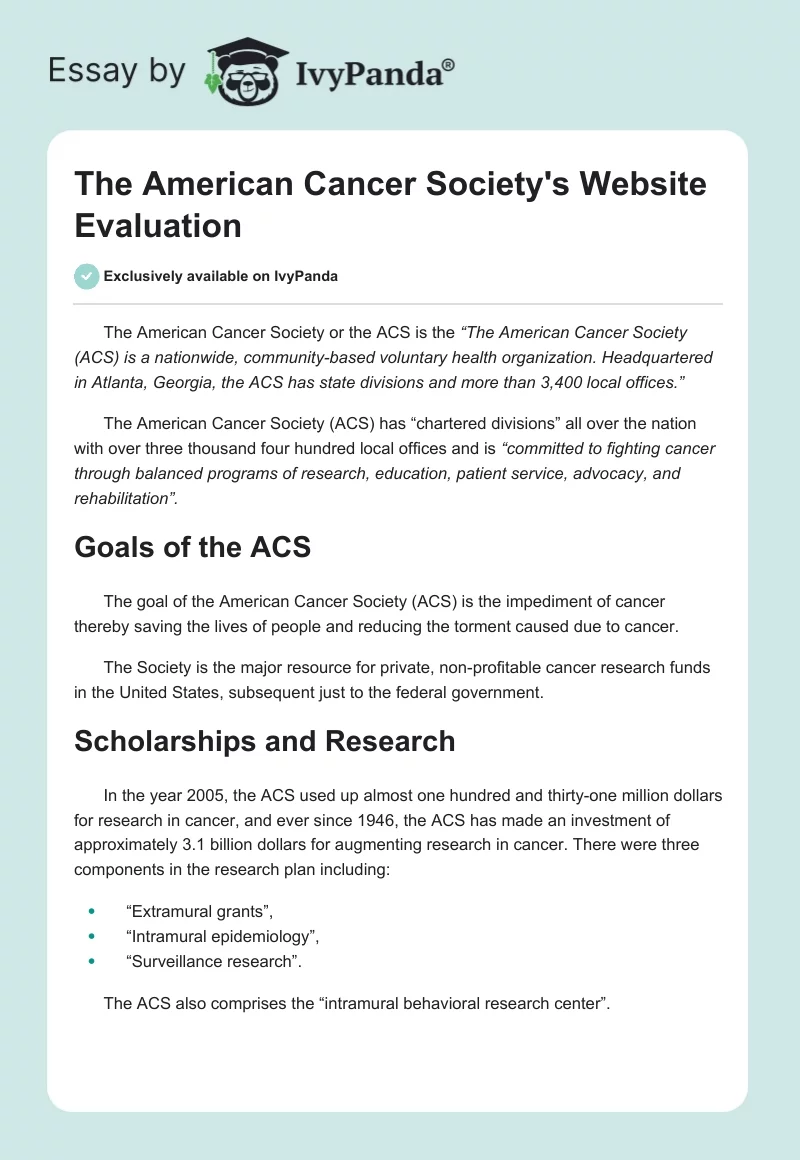 The American Cancer Society's Website Evaluation. Page 1