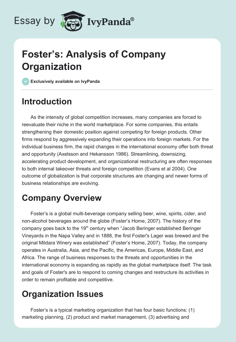 Foster’s: Analysis of Company Organization. Page 1