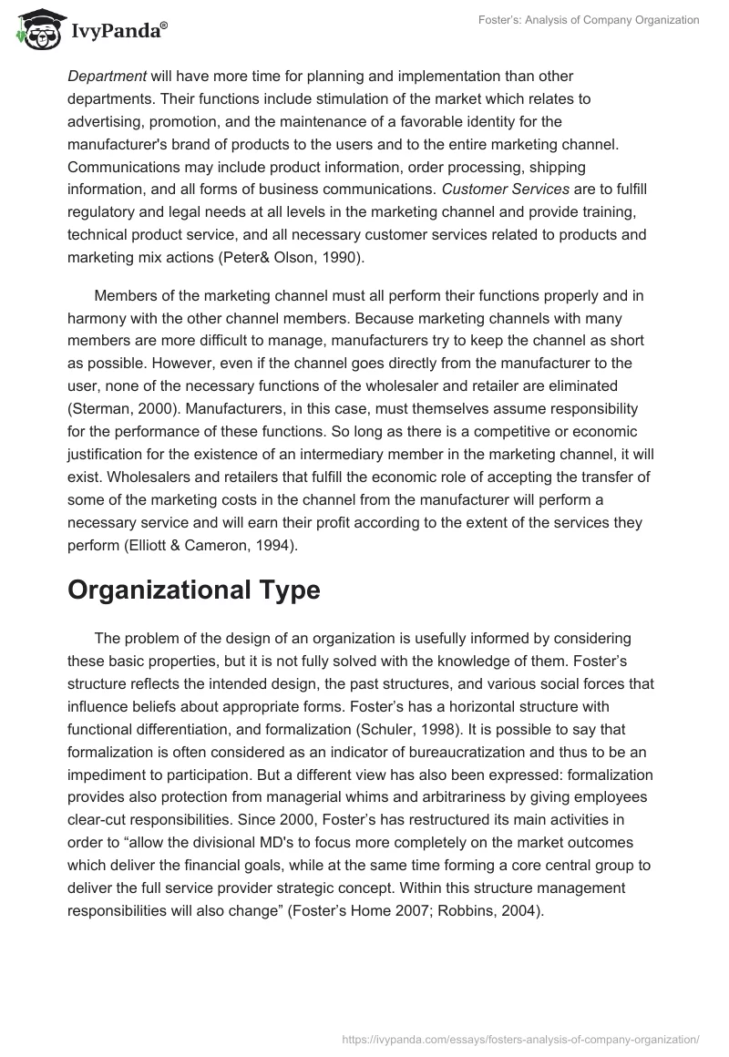 Foster’s: Analysis of Company Organization. Page 3
