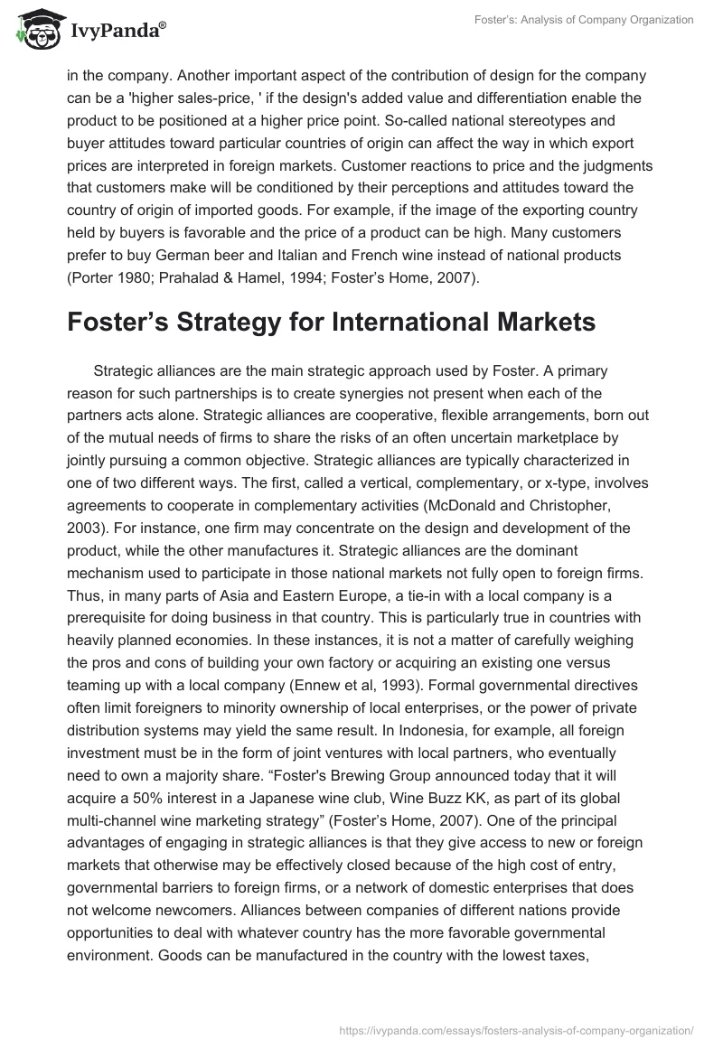 Foster’s: Analysis of Company Organization. Page 5