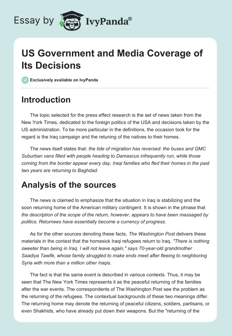 US Government and Media Coverage of Its Decisions. Page 1