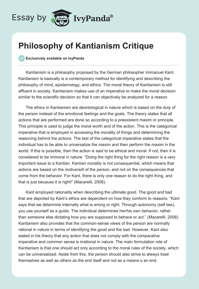 Philosophy of Kantianism Critique. Page 1