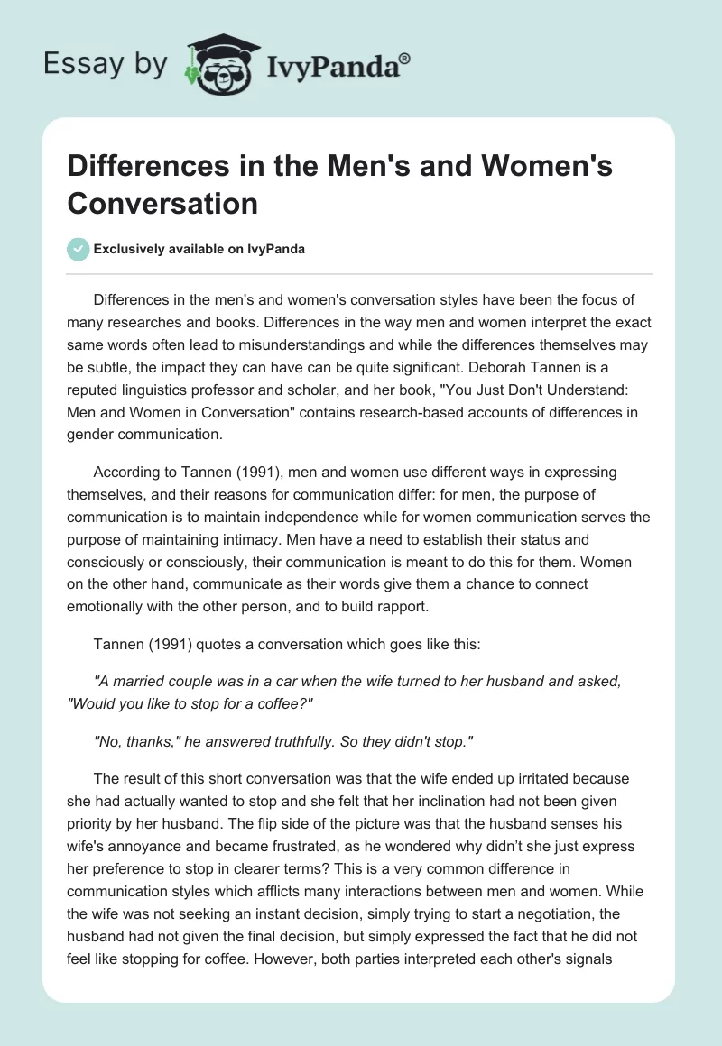 Differences in the Men's and Women's Conversation. Page 1