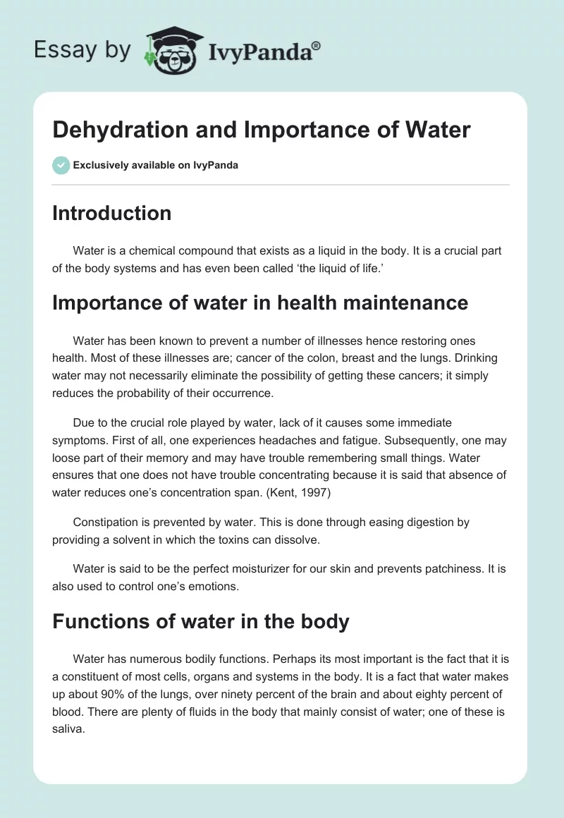 Dehydration and Importance of Water. Page 1