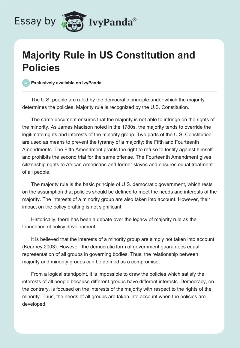 Majority Rule in US Constitution and Policies. Page 1