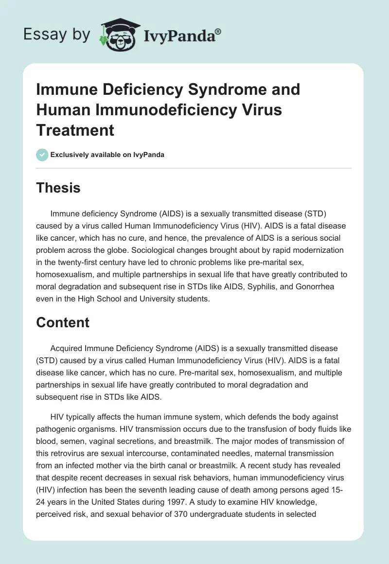 Immune Deficiency Syndrome and Human Immunodeficiency Virus Treatment. Page 1