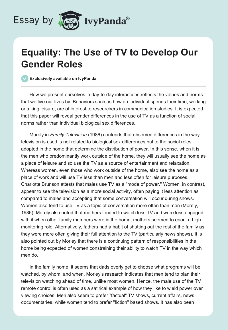 Equality: The Use of TV to Develop Our Gender Roles. Page 1