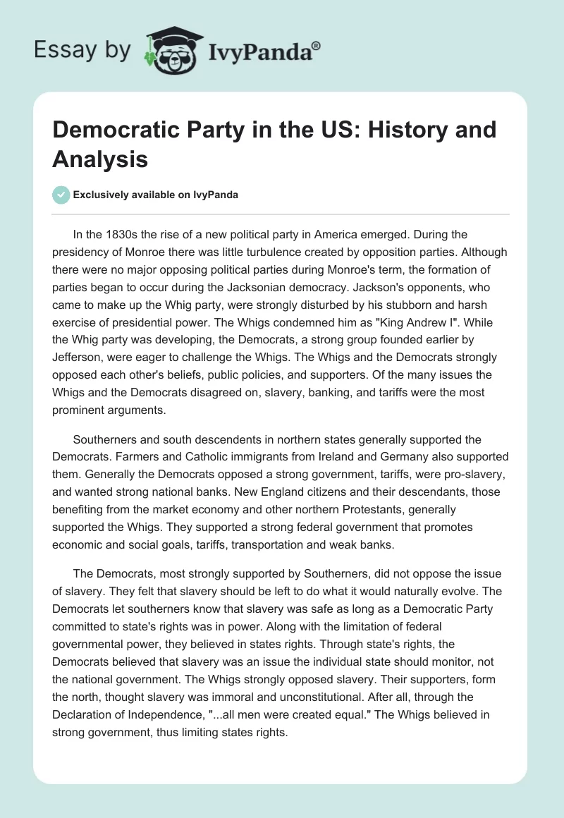 Democratic Party in the US: History and Analysis. Page 1