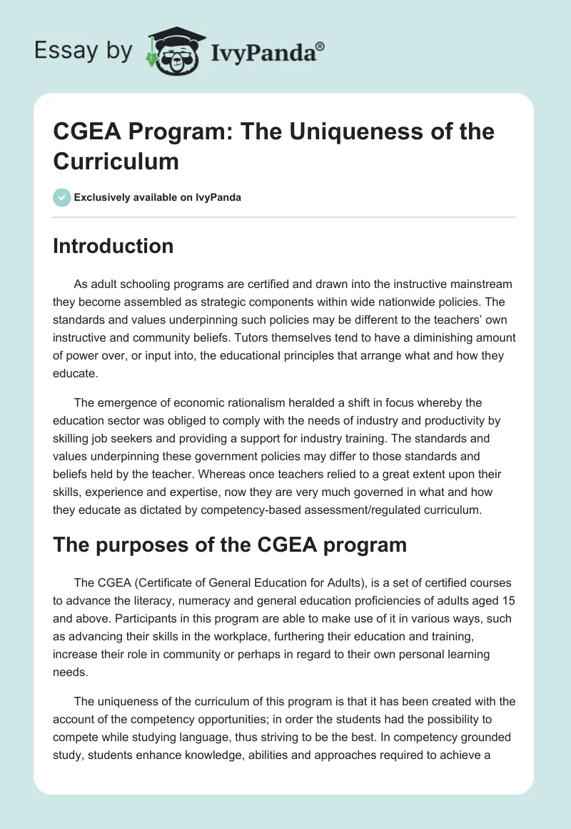 CGEA Program: The Uniqueness of the Curriculum. Page 1