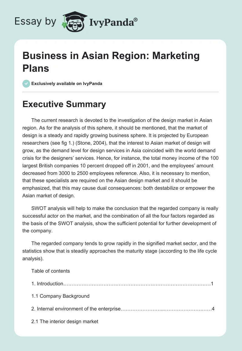 Business in Asian Region: Marketing Plans. Page 1