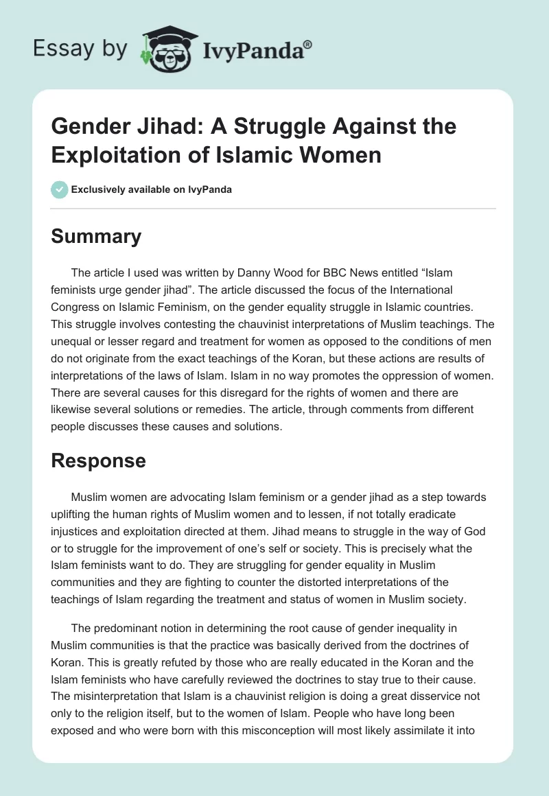 Gender Jihad: A Struggle Against the Exploitation of Islamic Women. Page 1