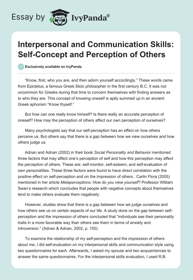 Interpersonal and Communication Skills: Self-Concept and Perception of Others. Page 1