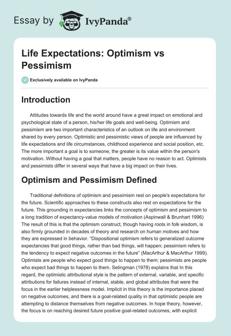 Life Expectations: Optimism vs. Pessimism. Page 1