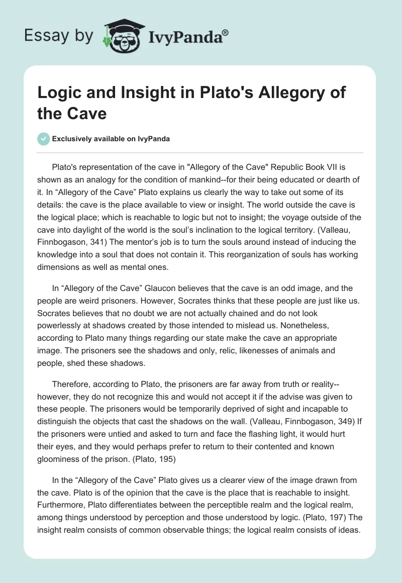 Logic and Insight in Plato's "Allegory of the Cave". Page 1