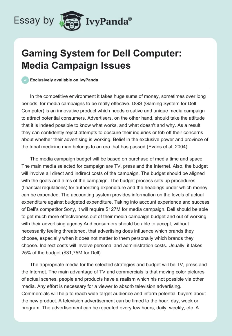 Gaming System for Dell Computer: Media Campaign Issues. Page 1