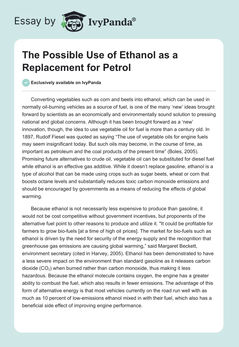 The Possible Use of Ethanol as a Replacement for Petrol. Page 1
