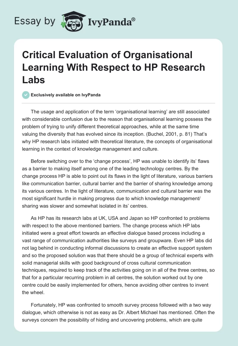 Critical Evaluation of Organisational Learning With Respect to HP Research Labs. Page 1