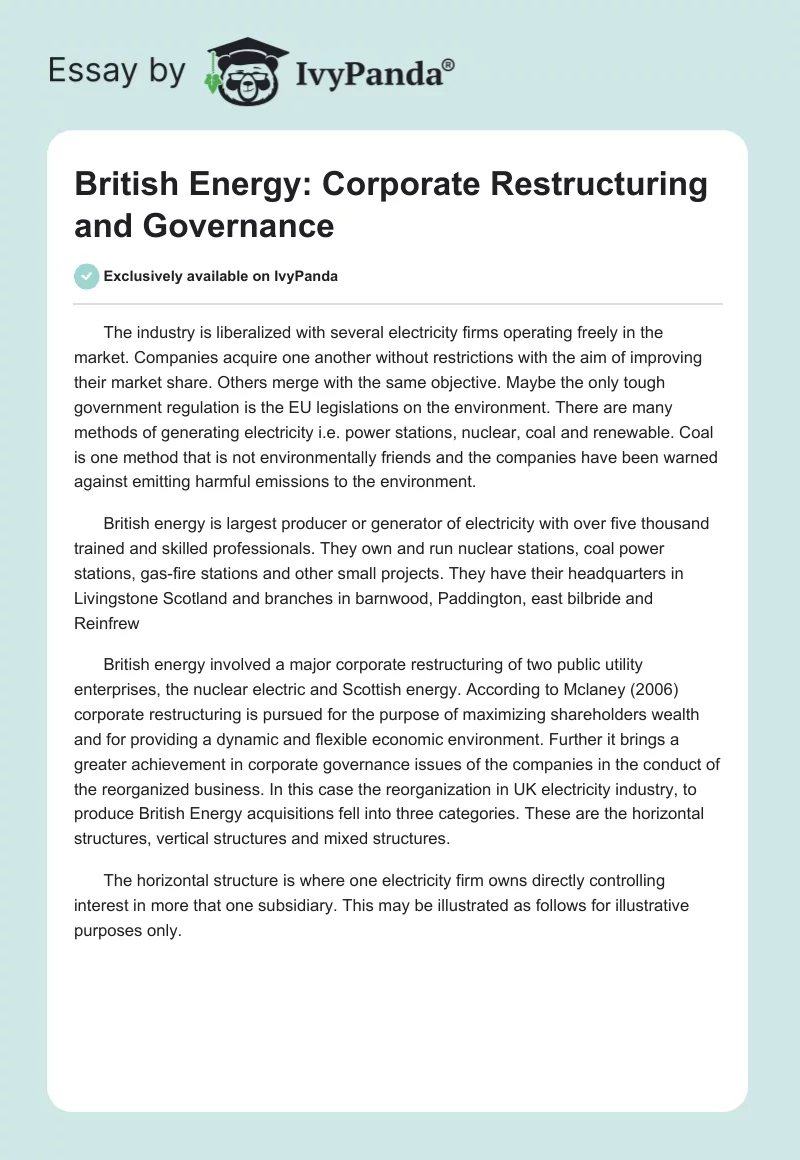 British Energy: Corporate Restructuring and Governance. Page 1