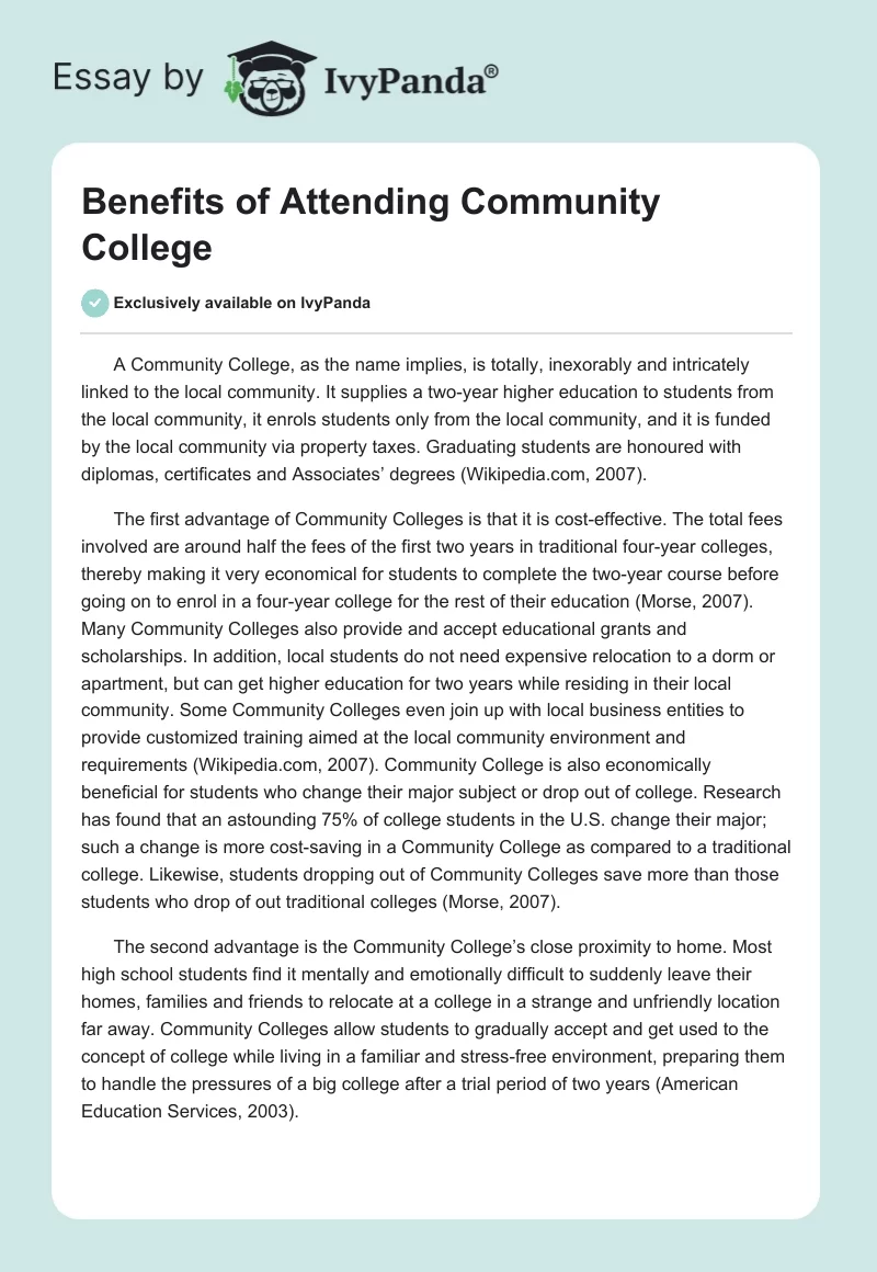Benefits of Attending Community College. Page 1