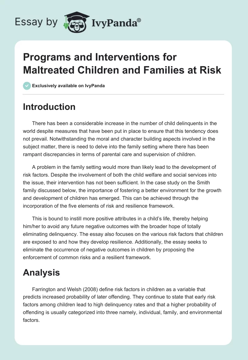 Programs and Interventions for Maltreated Children and Families at Risk. Page 1