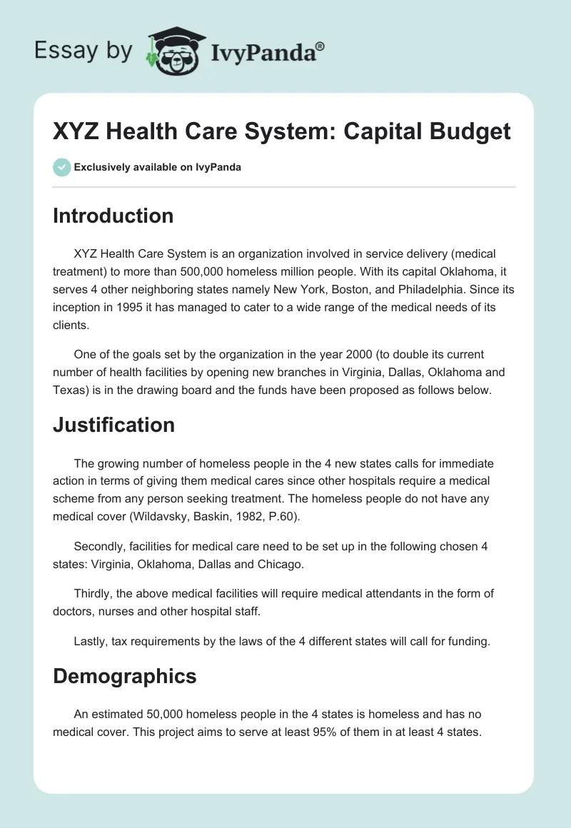 XYZ Health Care System: Capital Budget. Page 1