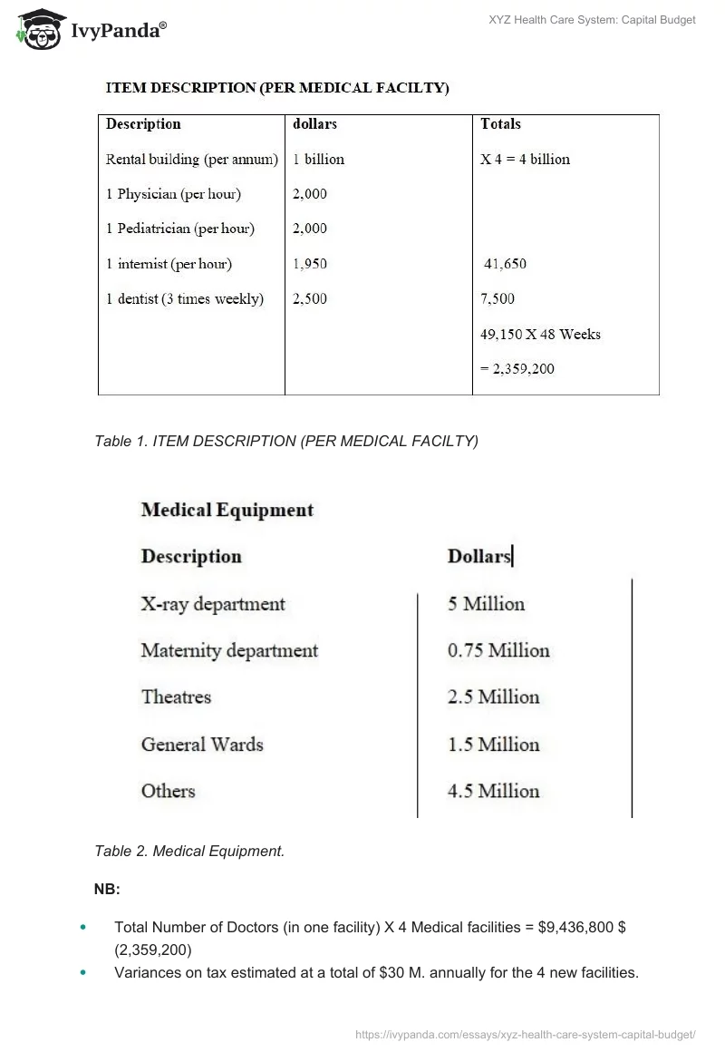 XYZ Health Care System: Capital Budget. Page 2