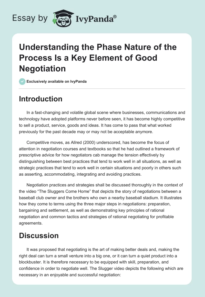 Understanding the Phase Nature of the Process Is a Key Element of Good Negotiation. Page 1