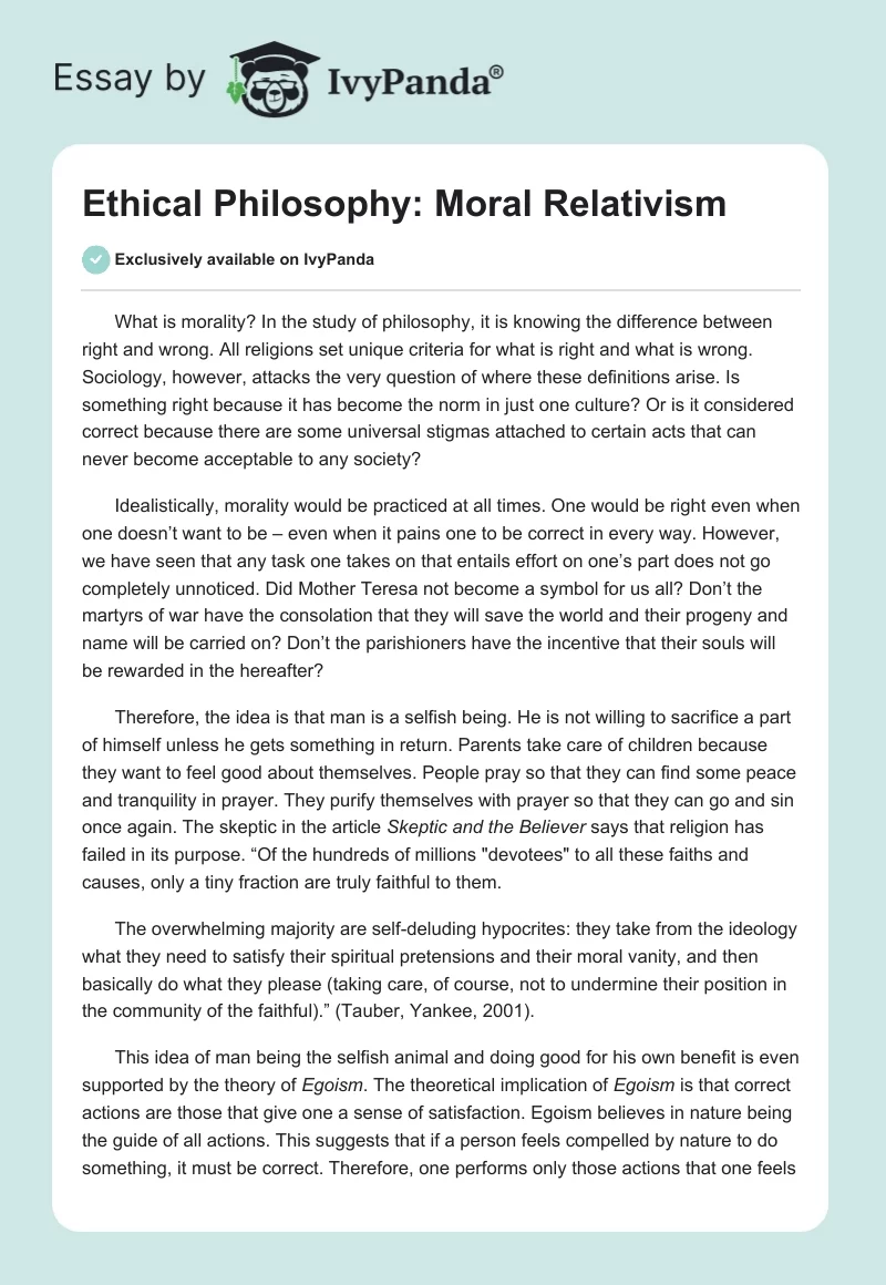 Ethical Philosophy: Moral Relativism. Page 1