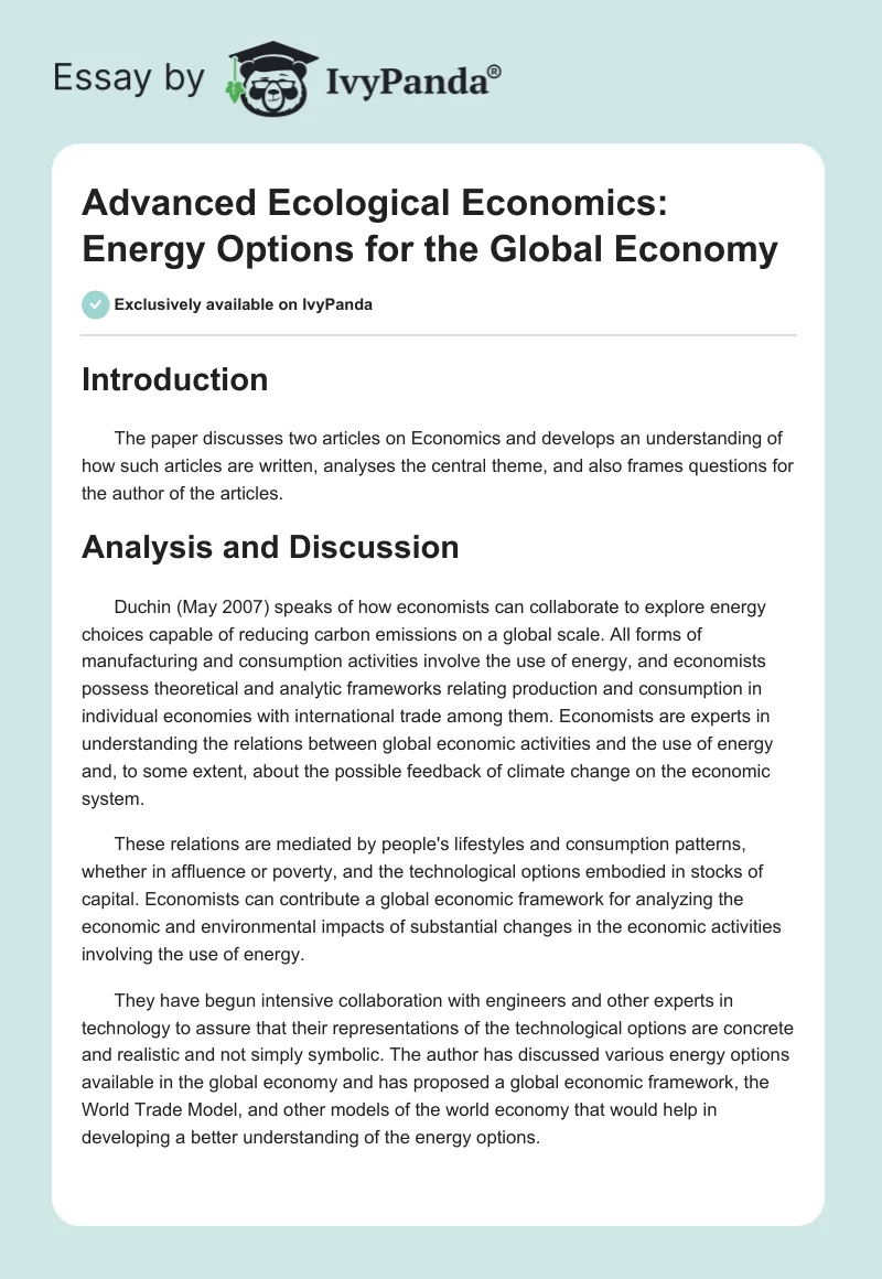 Advanced Ecological Economics: Energy Options for the Global Economy. Page 1