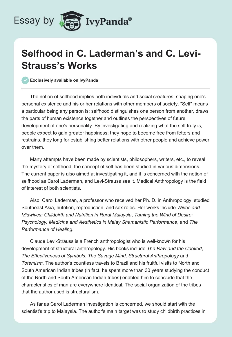 Selfhood in C. Laderman’s and C. Levi-Strauss’s Works. Page 1
