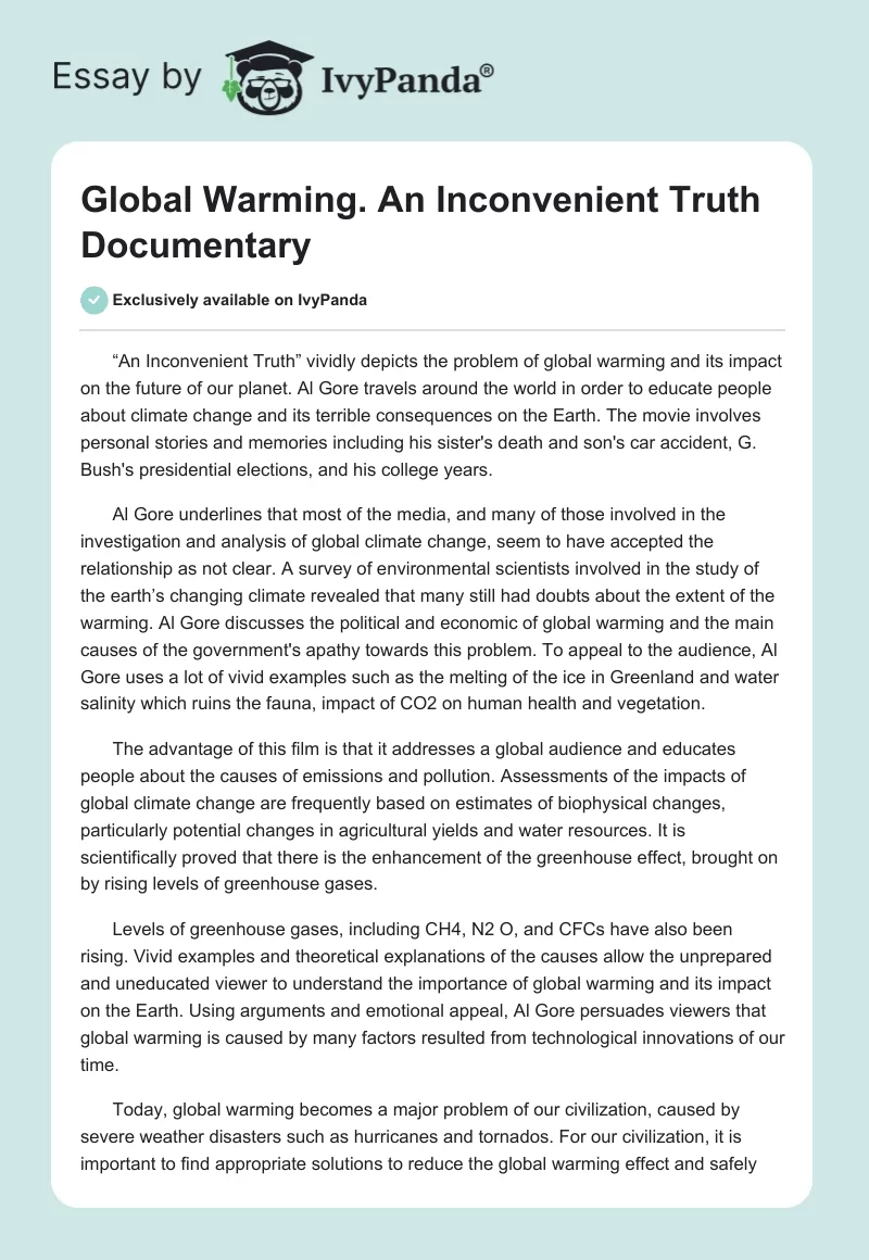Global Warming. "An Inconvenient Truth" Documentary. Page 1