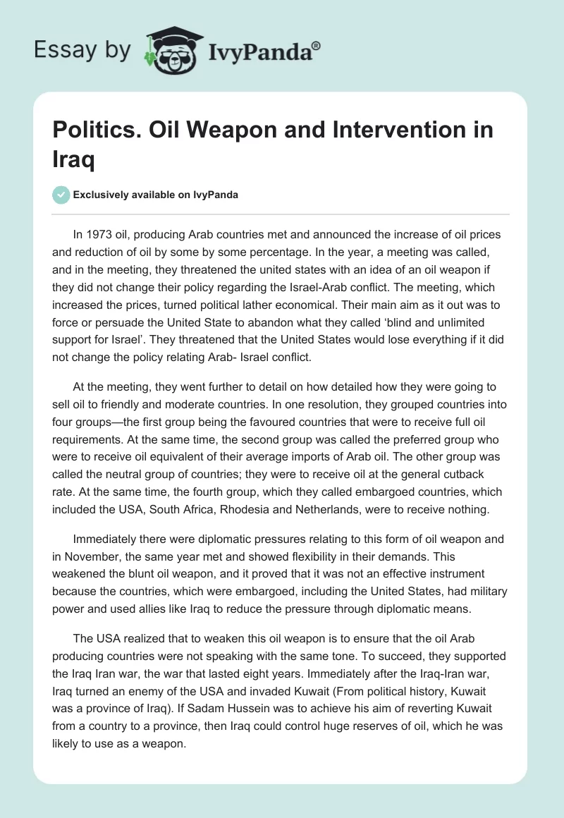 Politics. Oil Weapon and Intervention in Iraq. Page 1