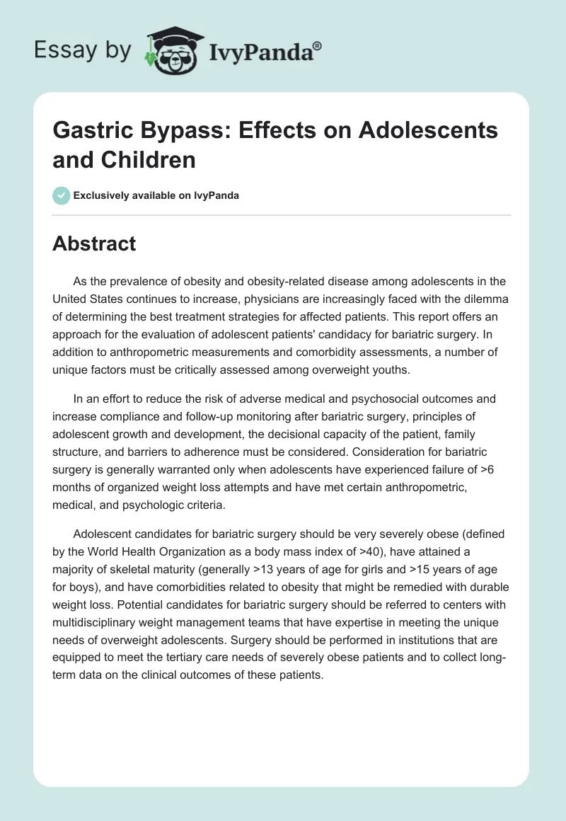 Gastric Bypass: Effects on Adolescents and Children. Page 1