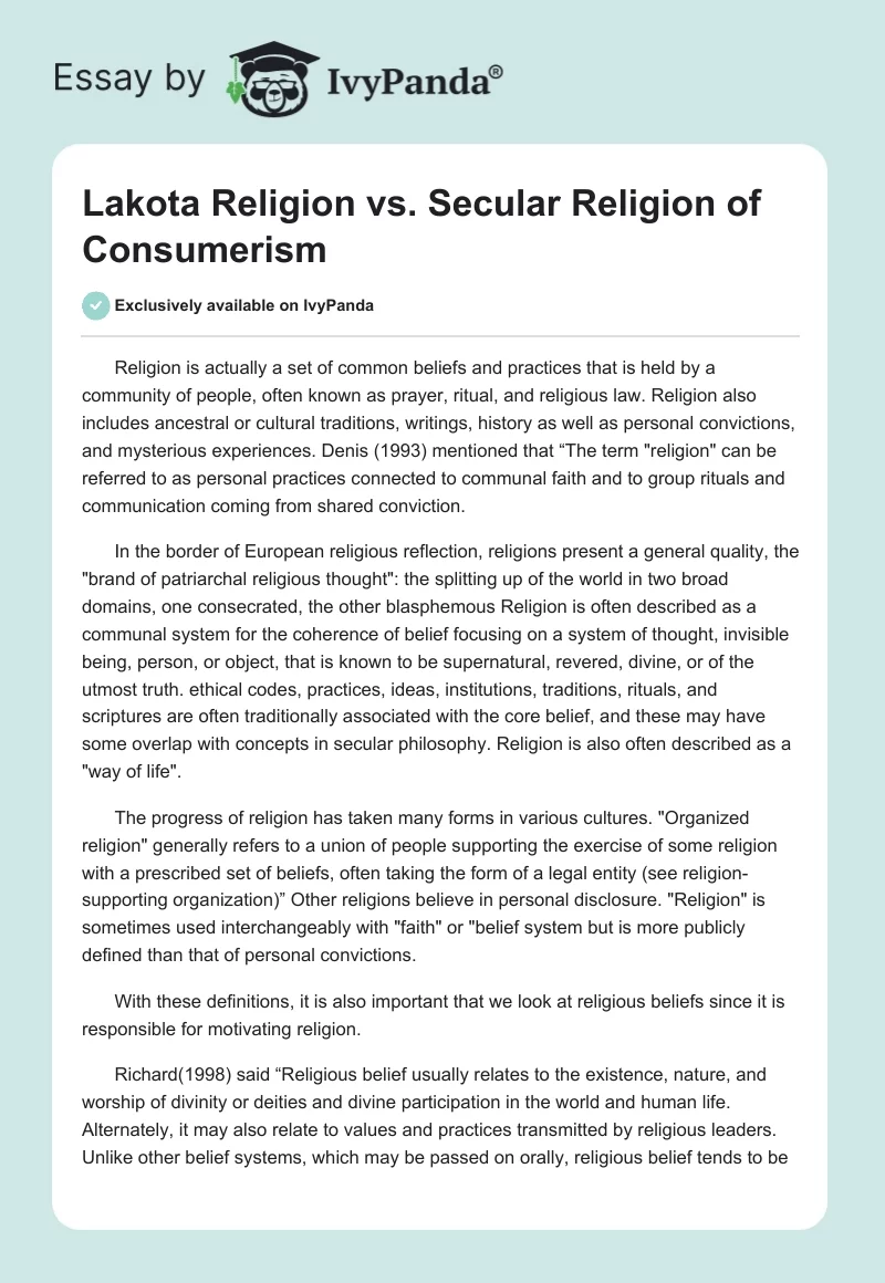 Lakota Religion vs. Secular Religion of Consumerism. Page 1