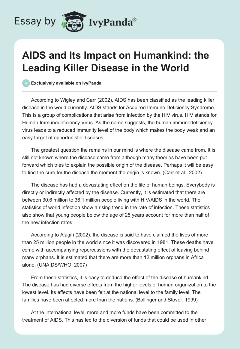 AIDS and Its Impact on Humankind: The Leading Killer Disease in the World. Page 1