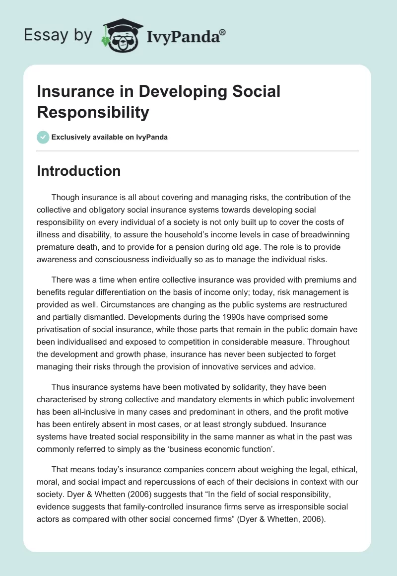 Insurance in Developing Social Responsibility. Page 1