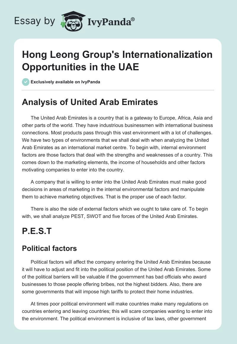 Hong Leong Group's Internationalization Opportunities in the UAE. Page 1