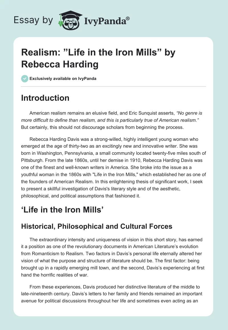 Realism: ”Life in the Iron Mills” by Rebecca Harding. Page 1