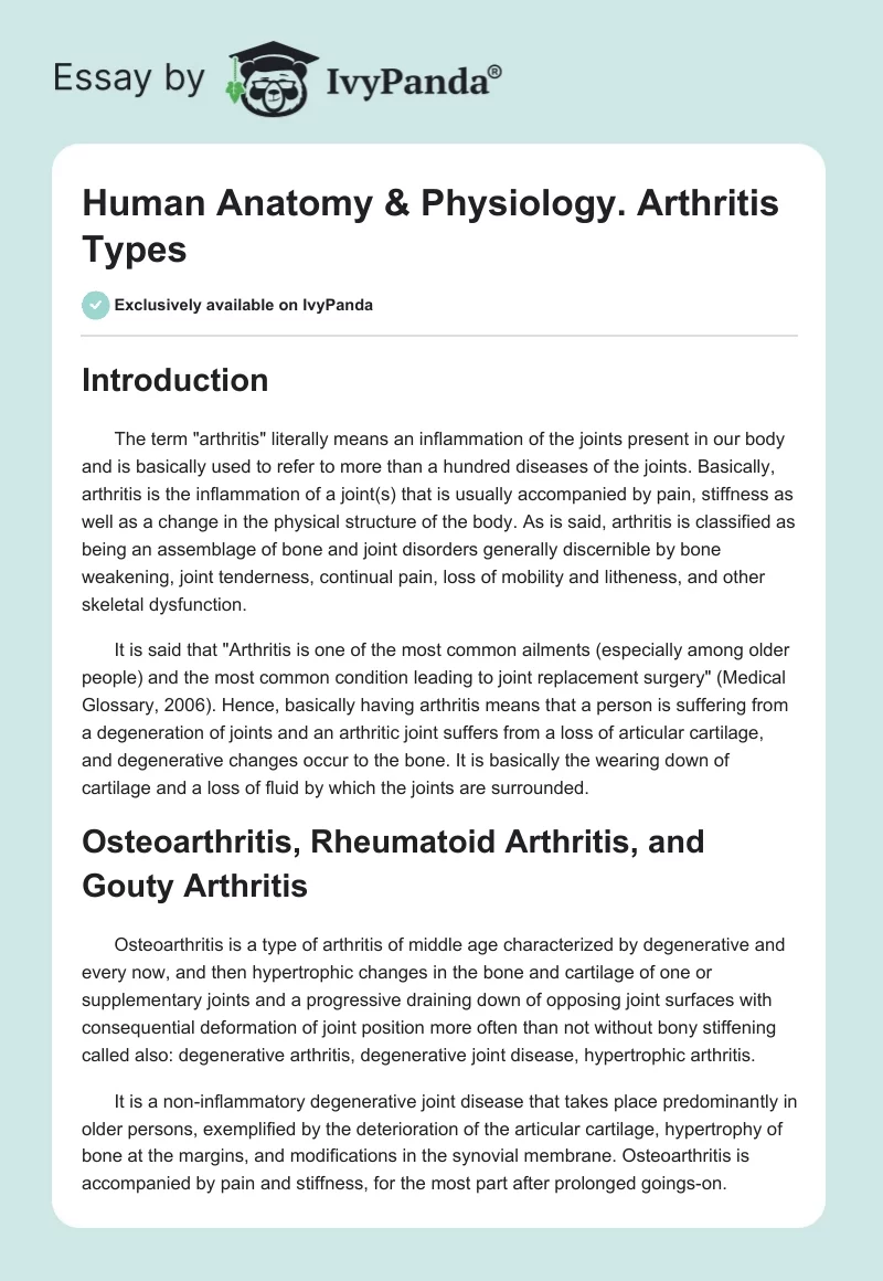 Human Anatomy & Physiology. Arthritis Types. Page 1