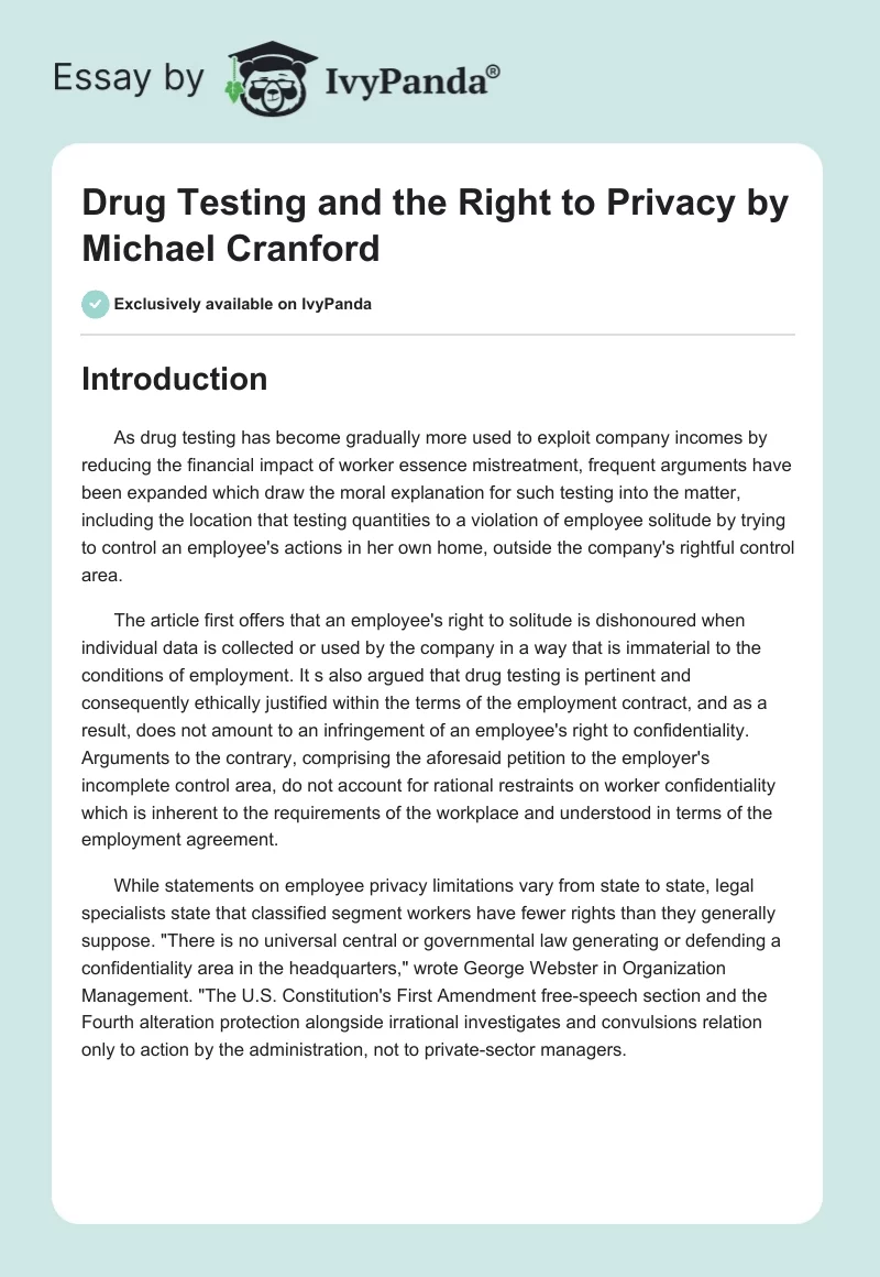 "Drug Testing and the Right to Privacy" by Michael Cranford. Page 1
