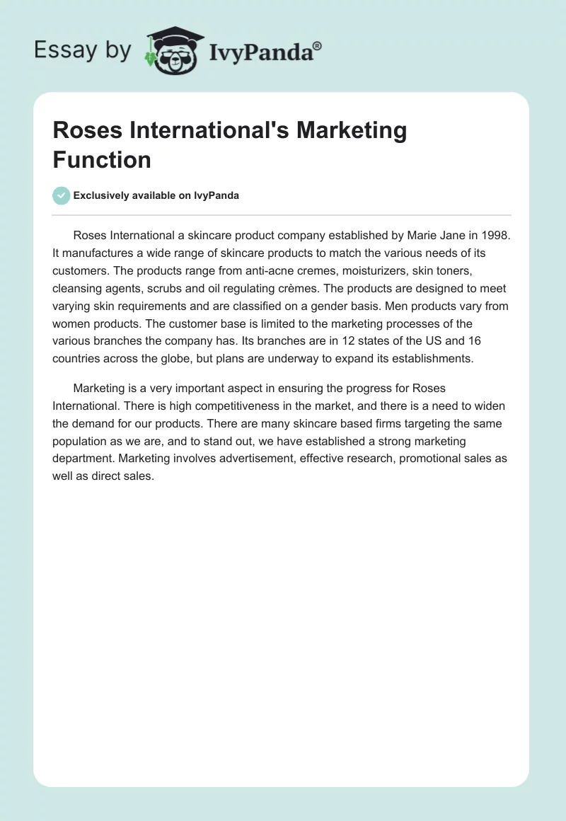 Roses International's Marketing Function. Page 1